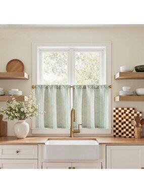 Sage Green Striped Linen Kitchen Tier Curtains, 20 Inch, 2 Panels for Home Decor